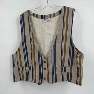 Womens Vintage Boho Denim Vest Size L Striped Cropped Cottagecore Western Cotton
